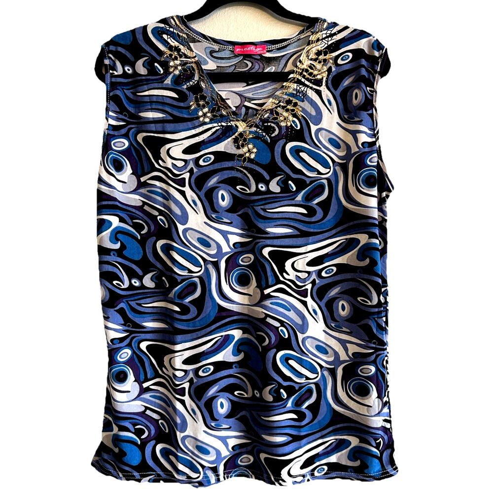 Blue Sleeveless artsy boho Blouse Shirt Women Plus Size 1X Gold Trim XL